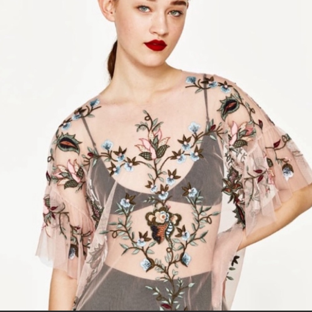 NWT Zara embroidered tulle floral blouse